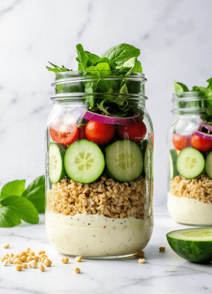 Healthy cucumber jar salad with brown rice, cherry tomatoes, red onion, and creamy dressing in a mason jar.