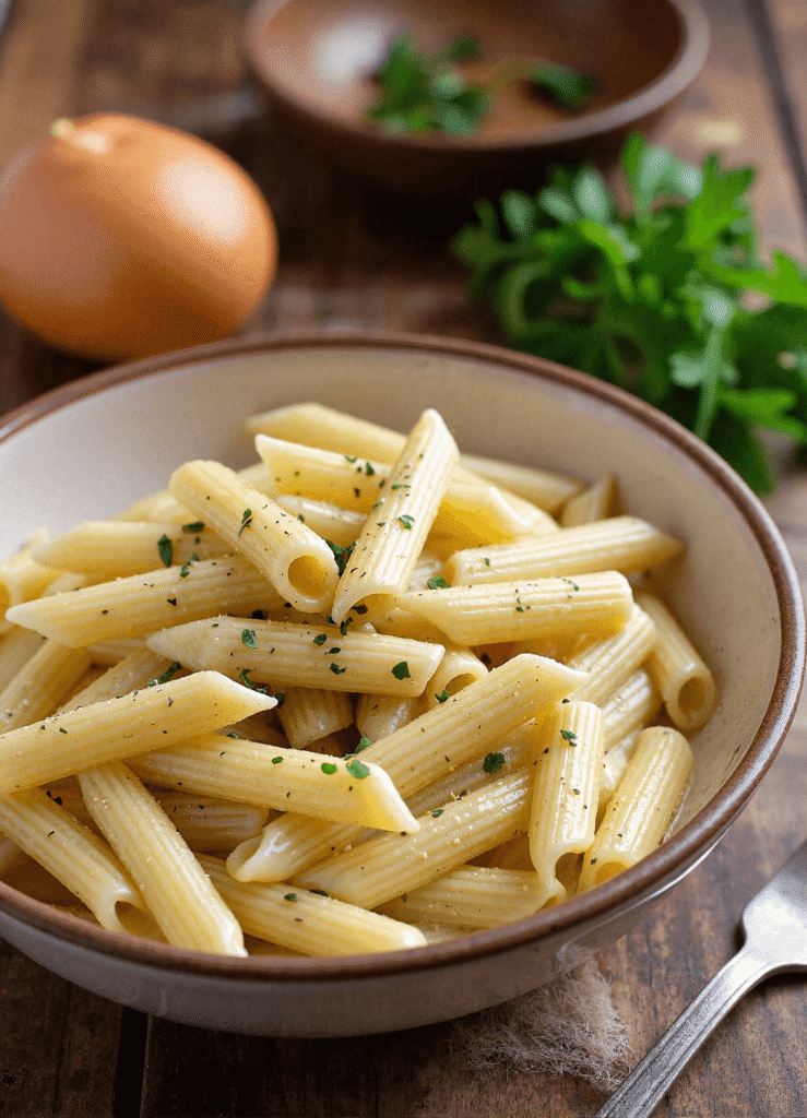 Easy creamy garlic penne pasta in a rustic bowl on a wooden table with fresh parsley