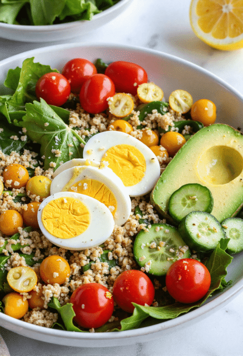 Clean eating egg white power salad with cherry tomatoes, cucumber, quinoa, greens, and avocado in a bowl