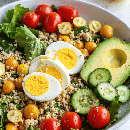 Clean eating egg white power salad with cherry tomatoes, cucumber, quinoa, greens, and avocado in a bowl