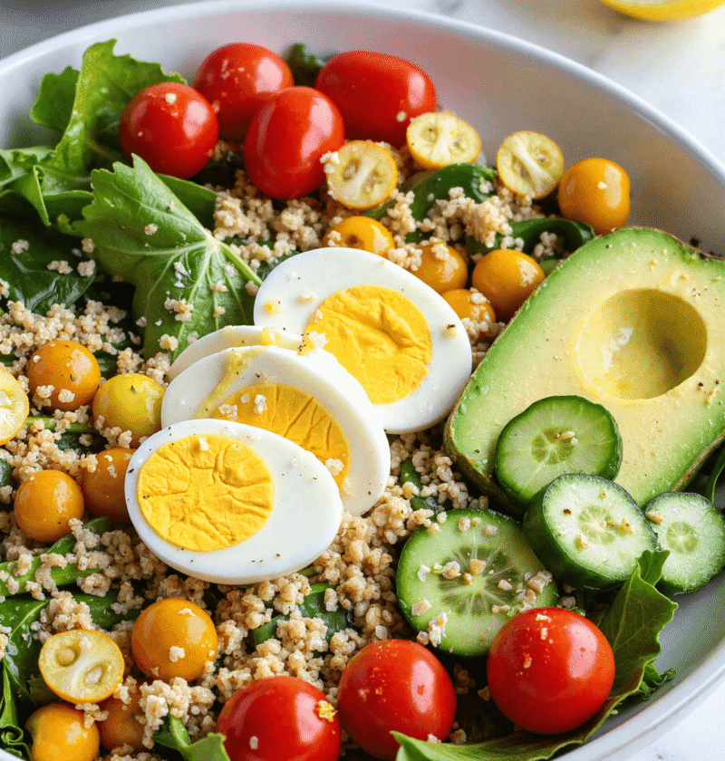 Clean eating egg white power salad with cherry tomatoes, cucumber, quinoa, greens, and avocado in a bowl