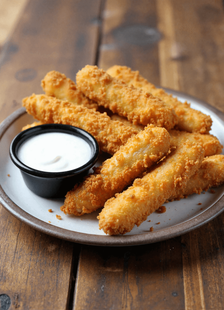Fried pickle spears on a white plate with crispy breading and a side of ranch dressing.