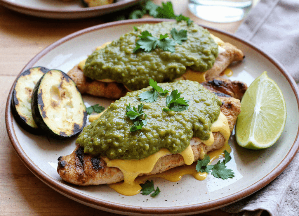 Grilled chicken breast topped with melted pepper jack cheese and green salsa verde, served with grilled zucchini and lime