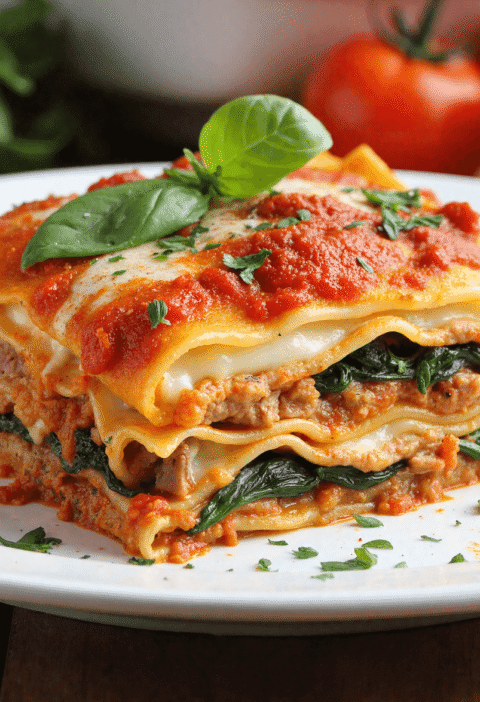 Slice of macro-friendly high-protein lasagna layered with lean ground meat, spinach, ricotta, and marinara on a white plate.