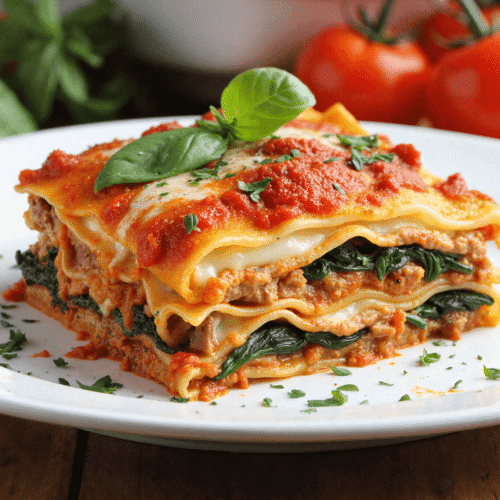 Slice of macro-friendly high-protein lasagna layered with lean ground meat, spinach, ricotta, and marinara on a white plate.