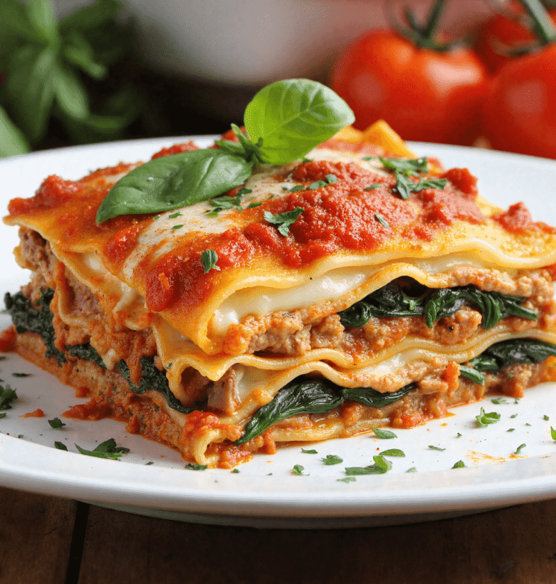 Slice of macro-friendly high-protein lasagna layered with lean ground meat, spinach, ricotta, and marinara on a white plate.