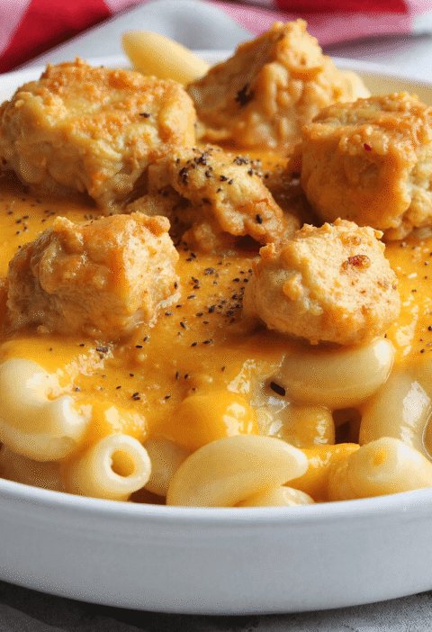 Close-up of baked mac and cheese with creamy chicken pieces and pepper seasoning in a bowl.