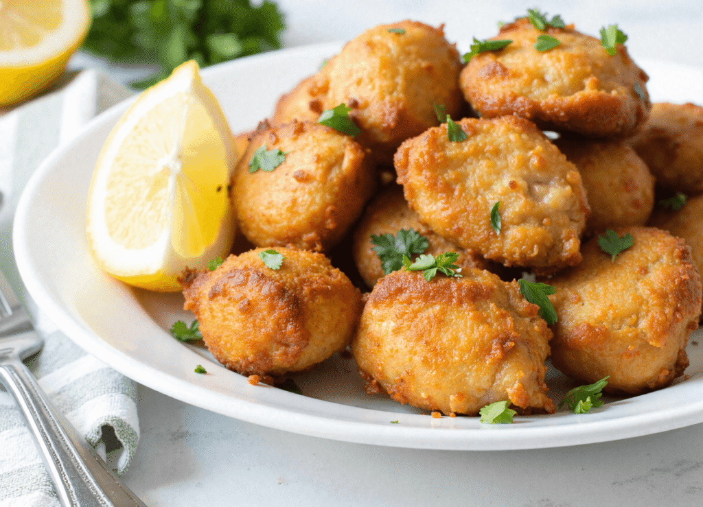 Air-fried lemon chicken bites on a white plate with lemon wedges and parsley garnish.