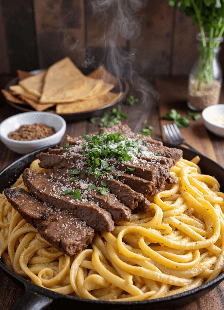 Juicy sliced steak on creamy pappardelle pasta with spicy garlic sauce and herbs in a cast iron pan