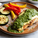 Healthy grilled chicken topped with pepper jack cheese and salsa verde served with roasted bell peppers and zucchini
