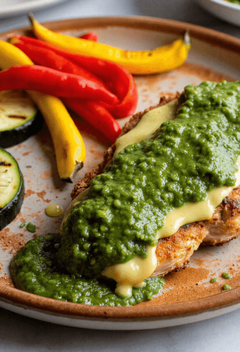 Healthy grilled chicken topped with pepper jack cheese and salsa verde served with roasted bell peppers and zucchini