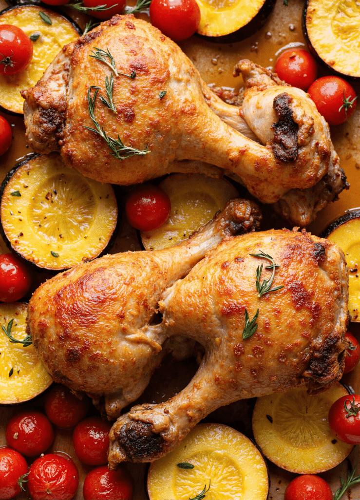Crispy roasted chicken legs with golden squash rounds and blistered cherry tomatoes on a sheet pan.