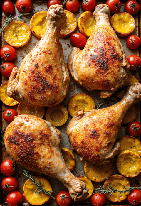 Overhead view of four roasted chicken legs with summer squash and cherry tomatoes on a baking sheet.