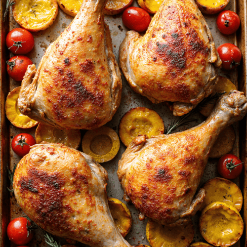 Overhead view of four roasted chicken legs with summer squash and cherry tomatoes on a baking sheet.