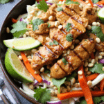 Grilled Thai chicken slices over a vibrant salad with shredded cabbage, carrots, red onions, peanuts, and lime wedges, served with creamy peanut dressing.