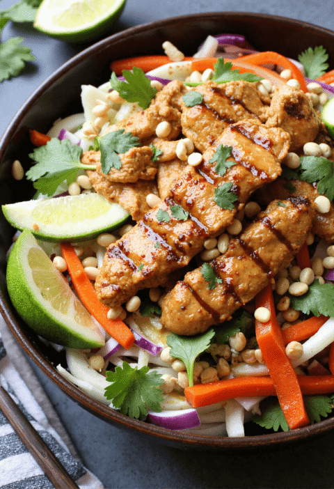 Grilled Thai chicken slices over a vibrant salad with shredded cabbage, carrots, red onions, peanuts, and lime wedges, served with creamy peanut dressing.
