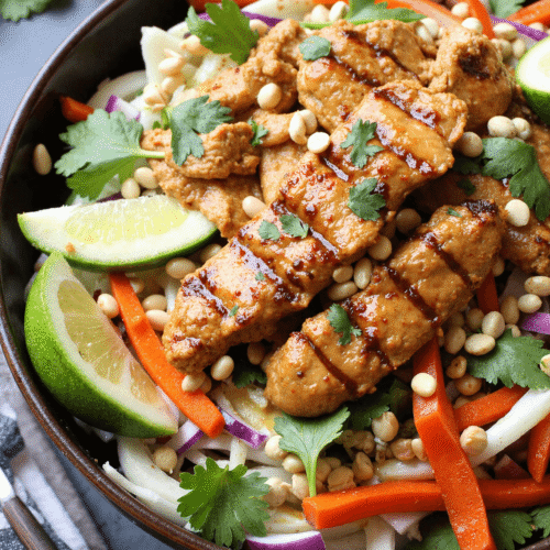 Grilled Thai chicken slices over a vibrant salad with shredded cabbage, carrots, red onions, peanuts, and lime wedges, served with creamy peanut dressing.