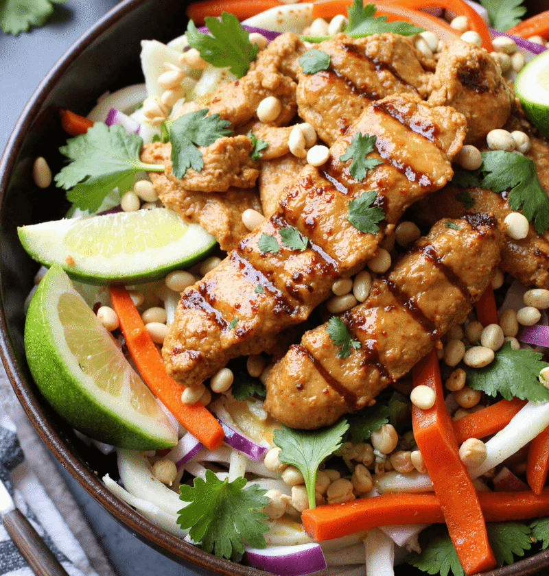 Grilled Thai chicken slices over a vibrant salad with shredded cabbage, carrots, red onions, peanuts, and lime wedges, served with creamy peanut dressing.