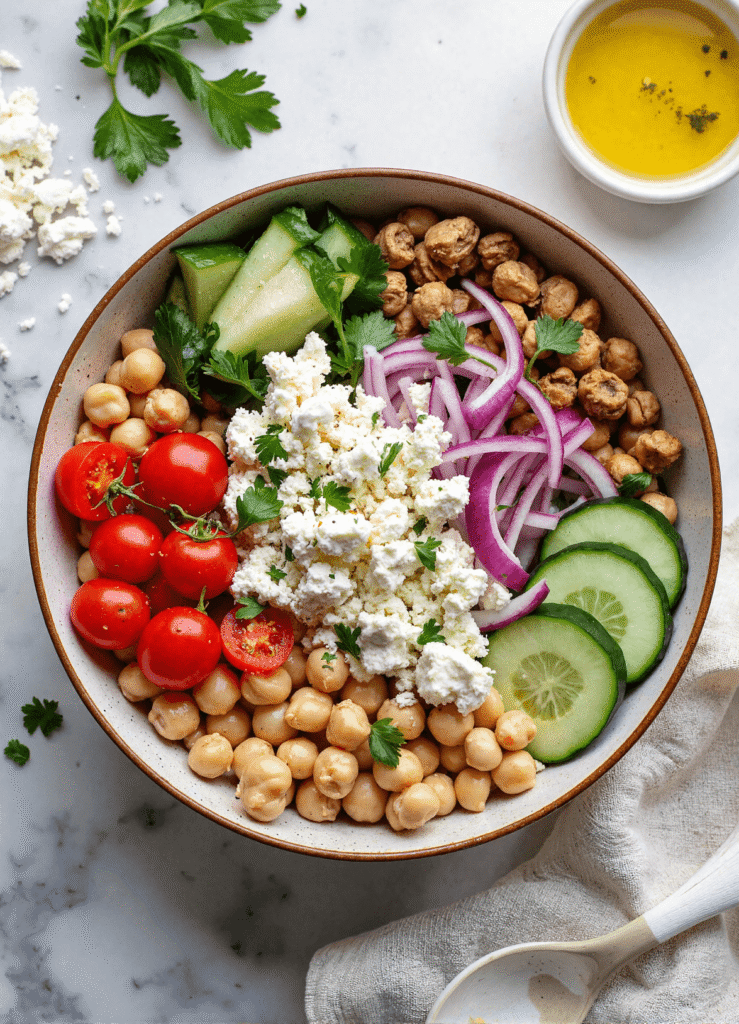 Bowl of Mediterranean chickpea cucumber feta salad with cherry tomatoes, red onion, parsley, and olive oil dressing on marble background