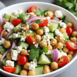Chickpea salad with cucumber, cherry tomatoes, red onion, parsley, and feta cheese in white bowl on gray table