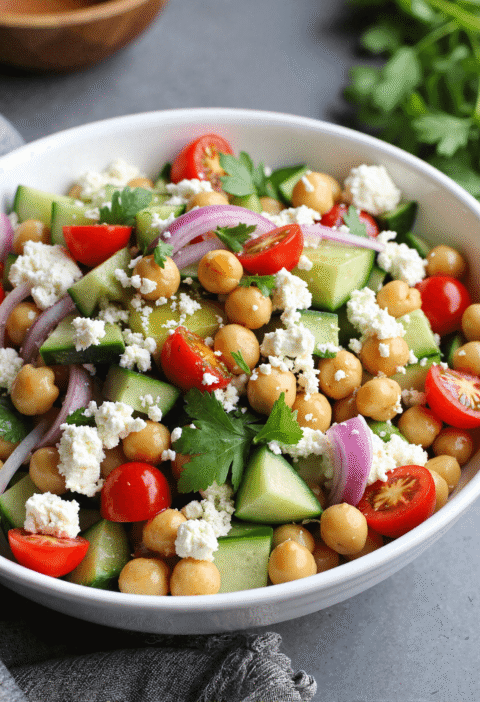 Chickpea salad with cucumber, cherry tomatoes, red onion, parsley, and feta cheese in white bowl on gray table