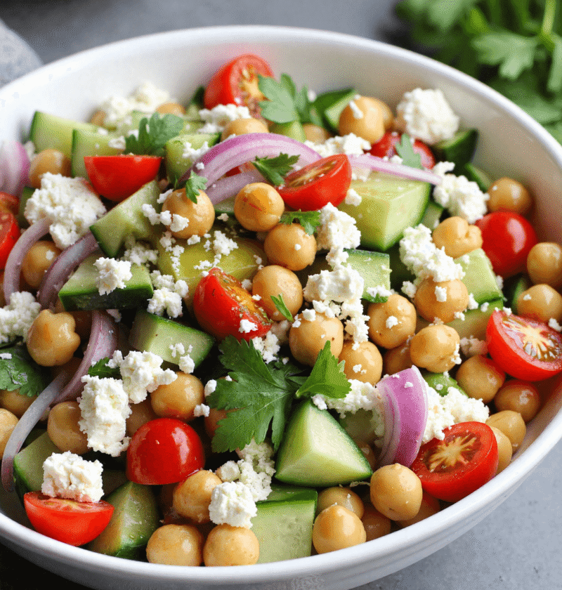 Chickpea salad with cucumber, cherry tomatoes, red onion, parsley, and feta cheese in white bowl on gray table