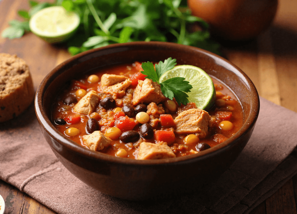 Bowl of hearty chicken chili made with black beans, corn, diced tomatoes, and chunks of chicken breast, topped with fresh lime and parsley.
