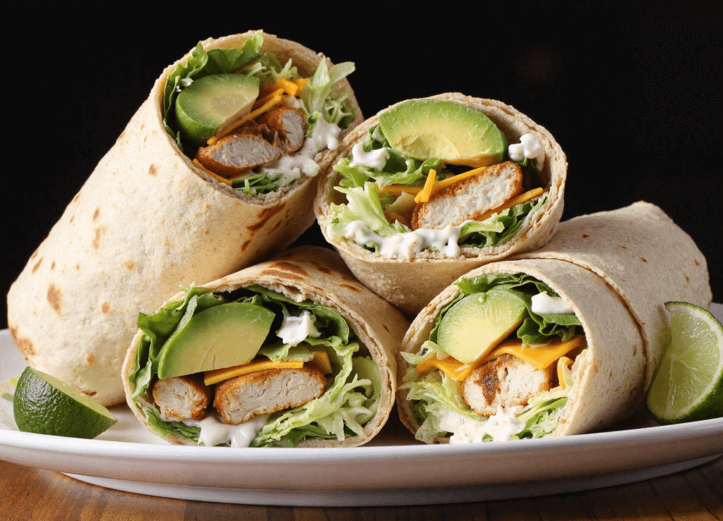 Stacked chicken avocado ranch burritos sliced in half, showing grilled chicken, lettuce, cheddar cheese, avocado, and ranch dressing on a white plate with lime wedges.