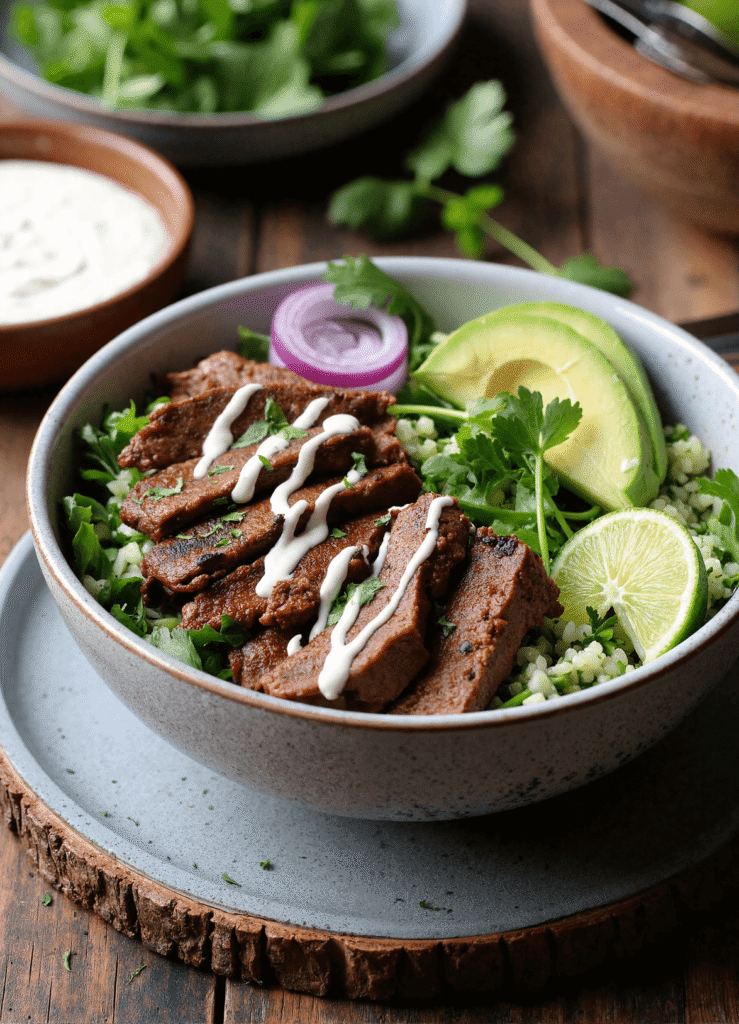 Sliced garlic-lime marinated steak over cilantro rice with avocado, red onion, and fresh herbs in a ceramic bowl