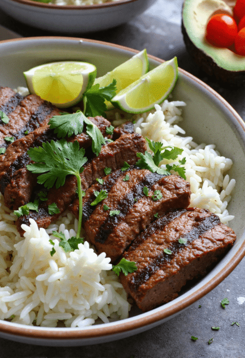 Garlic lime steak sliced over white rice with fresh lime wedges and cilantro garnish