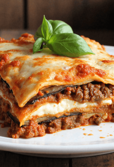 Close-up of cheesy eggplant lasagna layered with marinara, ricotta, and ground meat, topped with fresh basil on a white plate.