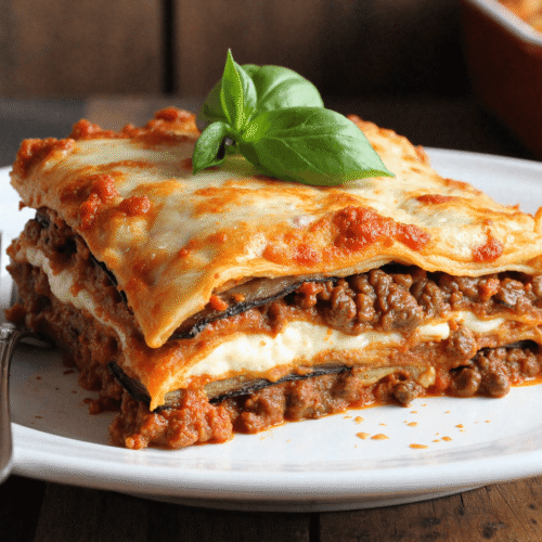 Close-up of cheesy eggplant lasagna layered with marinara, ricotta, and ground meat, topped with fresh basil on a white plate.