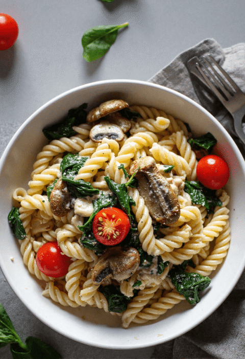 Top view of rotini pasta in a white bowl, tossed with sautéed mushrooms, spinach, and cherry tomatoes for a creamy plant-based vegan dinner.
