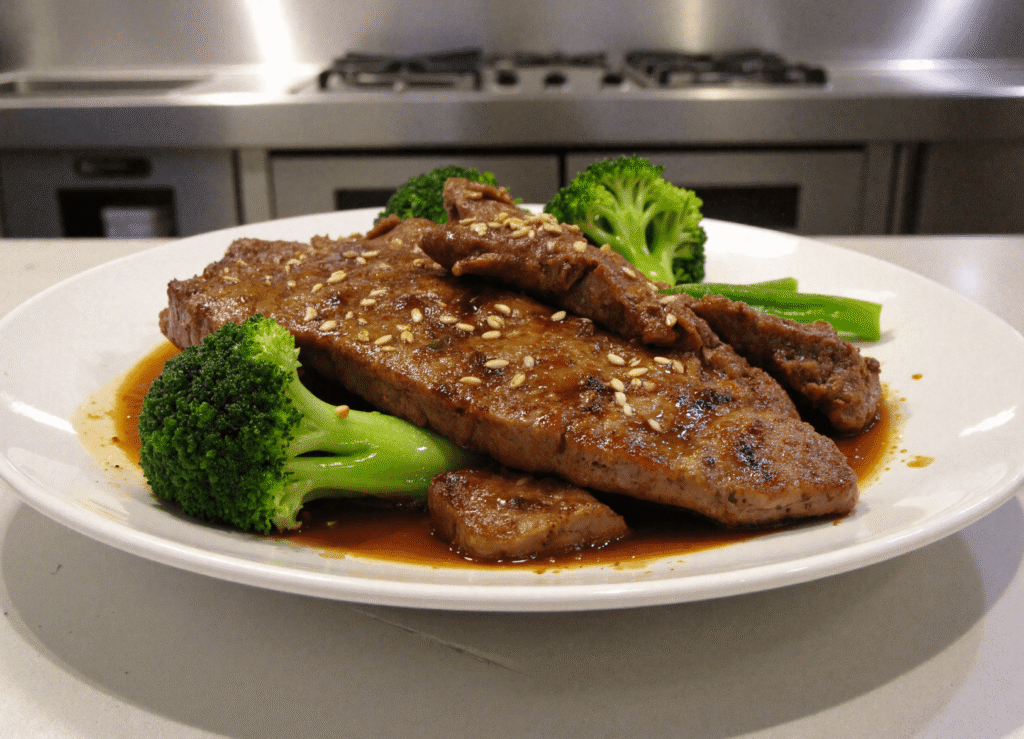 Seared beef steak and tender broccoli drenched in a rich stir-fry sauce, garnished with sesame seeds and served hot.