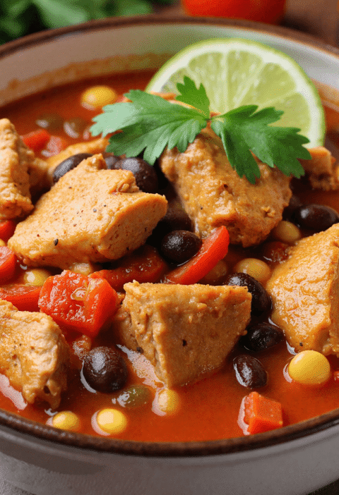 Close-up of chicken chili in a ceramic bowl featuring tender chicken, corn, black beans, tomatoes, and a garnish of lime and parsley.