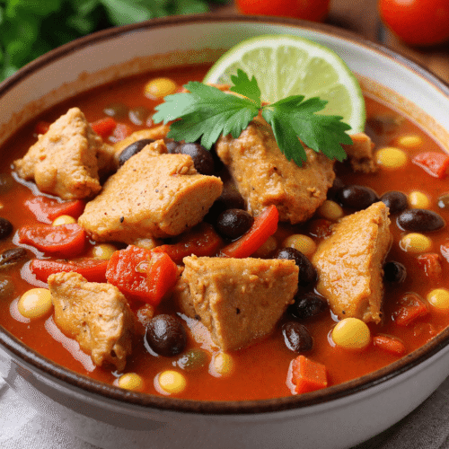 Close-up of chicken chili in a ceramic bowl featuring tender chicken, corn, black beans, tomatoes, and a garnish of lime and parsley.