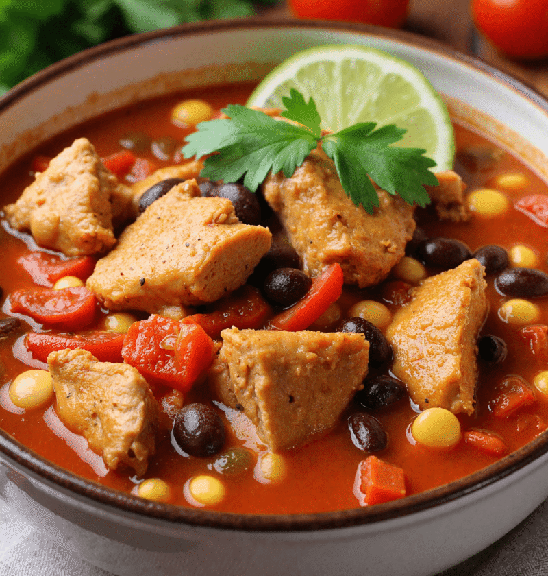 Close-up of chicken chili in a ceramic bowl featuring tender chicken, corn, black beans, tomatoes, and a garnish of lime and parsley.