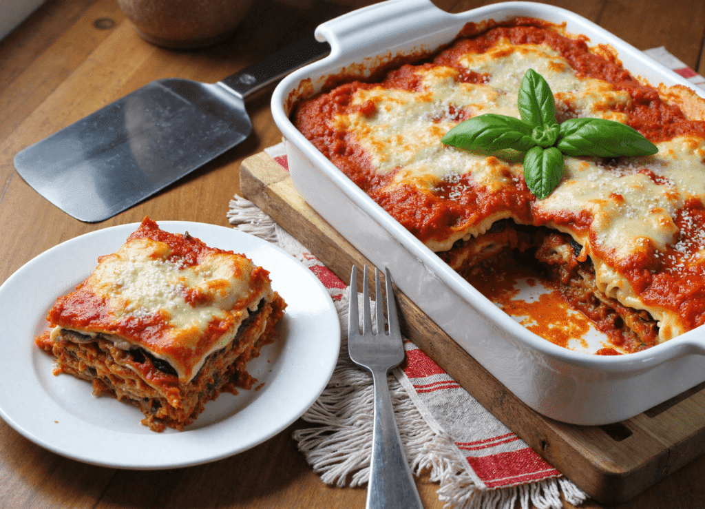 Sliced eggplant lasagna served on a white plate beside a baking dish, showcasing layers of cheese, marinara, and roasted eggplant.