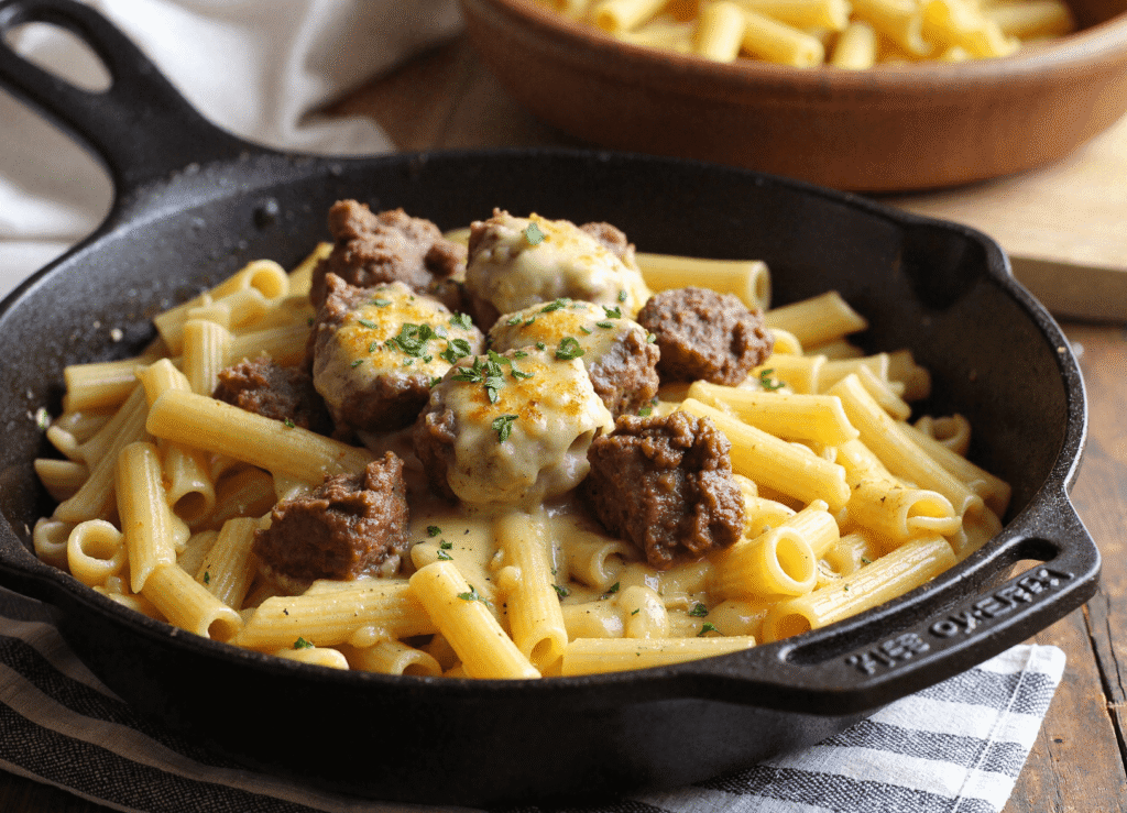 Skillet filled with creamy rigatoni pasta and garlic butter steak tips topped with melted cheese and herbs.