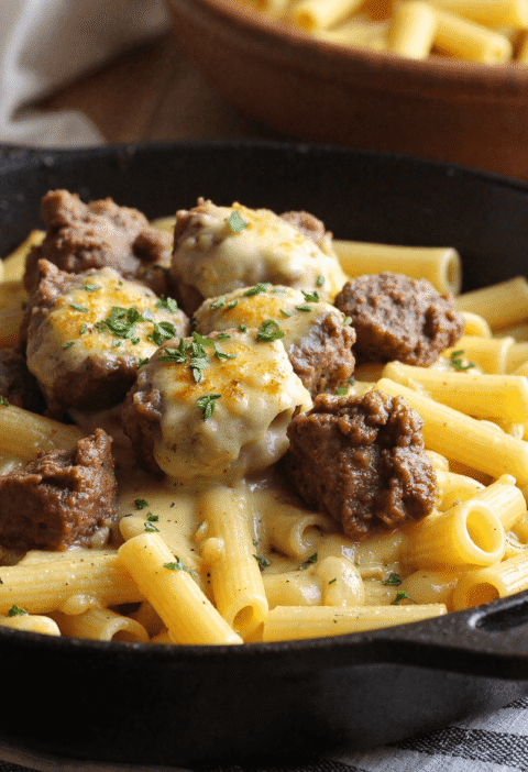 Skillet filled with creamy rigatoni pasta and garlic butter steak tips topped with melted cheese and herbs.