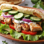 Grilled Greek chicken pita stuffed with juicy tomatoes, lettuce, red onions, cucumbers, and creamy tzatziki on a toasted flatbread.