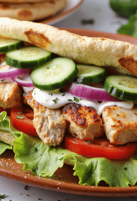 Grilled Greek chicken pita stuffed with juicy tomatoes, lettuce, red onions, cucumbers, and creamy tzatziki on a toasted flatbread.