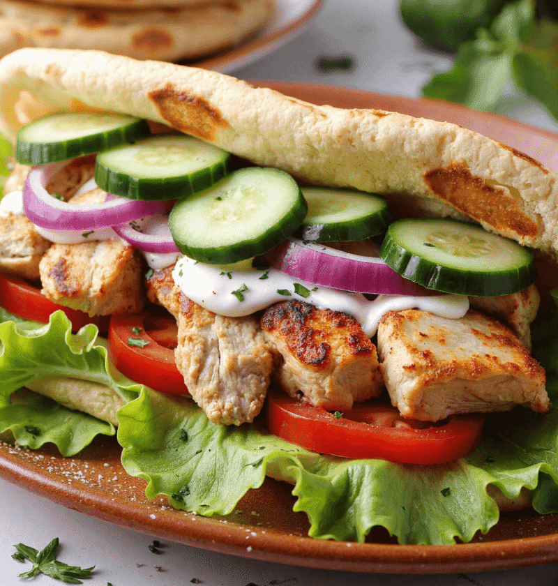 Grilled Greek chicken pita stuffed with juicy tomatoes, lettuce, red onions, cucumbers, and creamy tzatziki on a toasted flatbread.