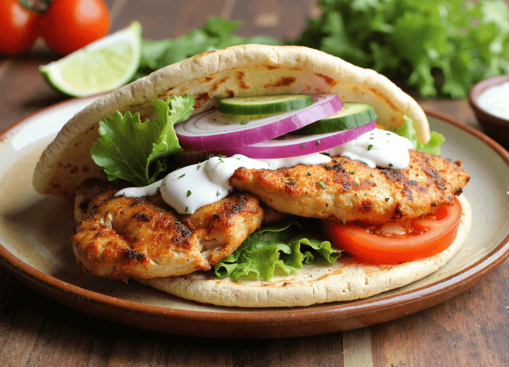 Mediterranean chicken pita filled with grilled chicken breast, fresh tomatoes, onions, cucumbers, lettuce, and drizzled with yogurt sauce.