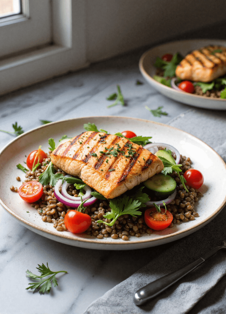 Grilled salmon with visible char lines served over lentils with cherry tomatoes, red onion, and cucumbers.