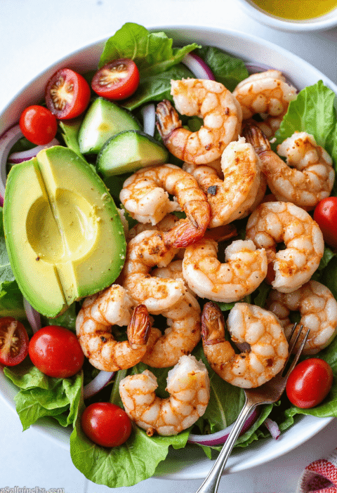 grilled shrimp and avocado salad with cucumber, cherry tomatoes, and lime vinaigrette