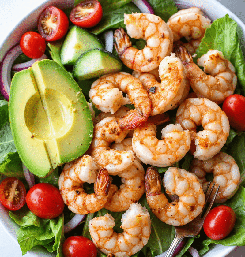 grilled shrimp and avocado salad with cucumber, cherry tomatoes, and lime vinaigrette