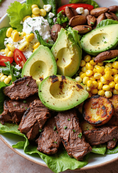 Grilled steak slices served on a bed of leafy greens with sweet corn, creamy avocado, and drizzle of garlic dressing.