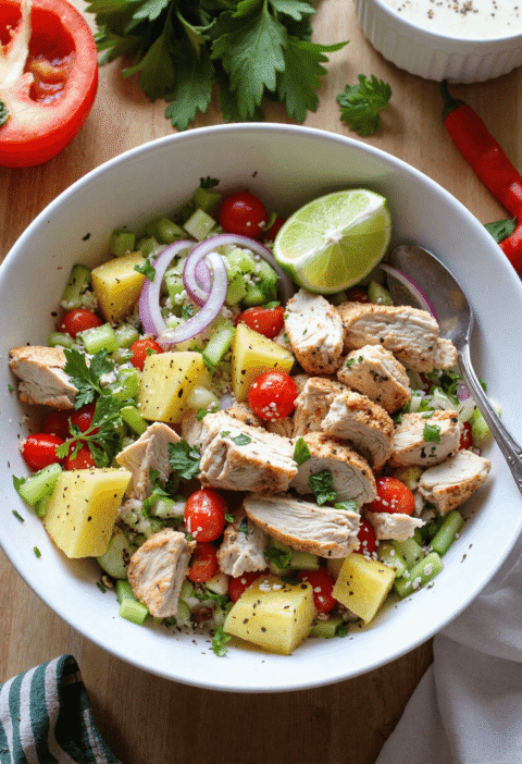Bowl of tropical Hawaiian chicken salad with grilled chicken, pineapple chunks, cherry tomatoes, cucumber, red onion, and a lime wedge.
