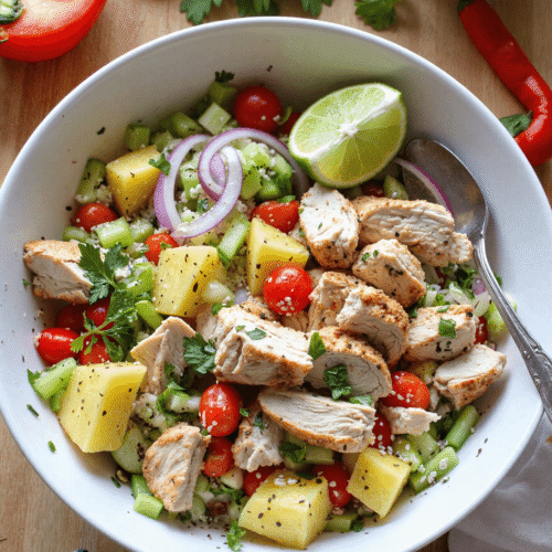 Bowl of tropical Hawaiian chicken salad with grilled chicken, pineapple chunks, cherry tomatoes, cucumber, red onion, and a lime wedge.
